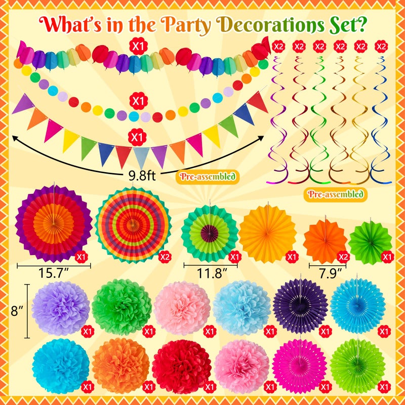 Moon Boat 35PCS Fiesta Paper Fan Party Decorations Set - Cinco De Mayo Pom Poms,Pennant,Garland String,Banner,Hanging Swirls Hispanic Heritage Month Decor Supplies,Multicolored - Image 3